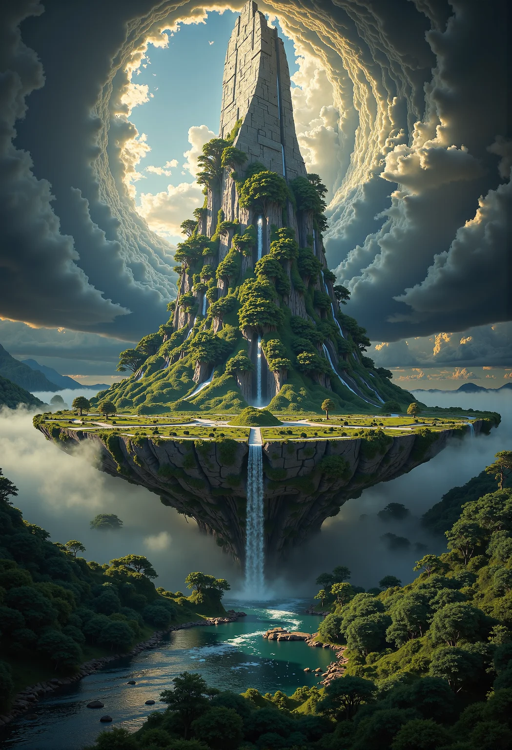 ideas from Zdzislaw Beksinski and Marc Adamus, epic surreal landscape, floating island, trees, river in the middle, dynamic angle, atmospheric lighting, hyperdetailed photography, masterpiece, best quality, high quality, highres, ultra-detailed, best quality, 8K, high resolution, extreme detail, outstanding composition:1.4 aidmaimageupgrader, midjourneyv6.1, aidmaDarkfantasy <lora:aidmaImageUpgrader-FLUX-V0.2.safetensors:0.66>, <lora:Midjourney_Dreamlike_Fantasy_FLUX_LoRA.safetensors:0.5>, <lora:flux.1_lora_flyway_Epic-detail_v2.safetensors:0.75>,