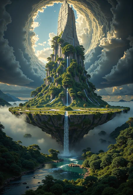 ideas from Zdzislaw Beksinski and Marc Adamus, epic surreal landscape, floating island, trees, river in the middle, dynamic angle, atmospheric lighting, hyperdetailed photography, masterpiece, best quality, high quality, highres, ultra-detailed, best quality, 8K, high resolution, extreme detail, outstanding composition:1.4 aidmaimageupgrader, midjourneyv6.1, aidmaDarkfantasy <lora:aidmaImageUpgrader-FLUX-V0.2.safetensors:0.66>, <lora:Midjourney_Dreamlike_Fantasy_FLUX_LoRA.safetensors:0.5>, <lora:flux.1_lora_flyway_Epic-detail_v2.safetensors:0.75>,