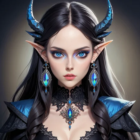 Gothic style ethereal fantasy concept art of beautiful woman,cowboy shot,long hair,heavy makeup,iridescent trim,Blue eyes,eyeshadow,earrings,hairclip,elf,pointy ears . magnificent . Dark