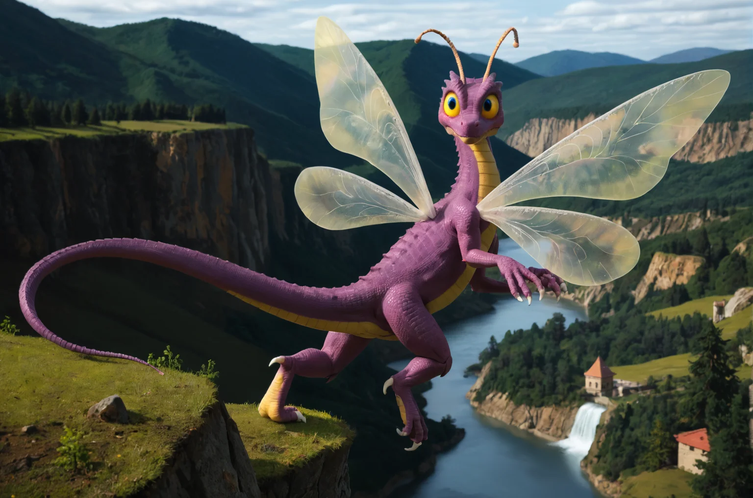 score_9, score_8_up, score_7_up, BREAK,
heroes2, faerie dragon, dragon, solo, full body, purple scales, long tail, insect wings, antennae, big eyes, blue eyes, yellow sclera, yellow belly, white claws, yellow accents, flying, blush,
BREAK, outdoors, hills, river, sky, gold tower, forest, landscape,
, <lora:HoMMv6_S98:0.8>,