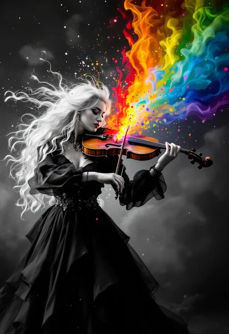 woman dress in black with white hair playing a violin, around her is black and white, flood of rainbows are bursting from her violin, ultra-sharp, intricate details, hyper-detailed, professional photoshoot