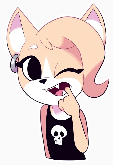 score_9, score_8_up, score_7_up, score_6_up, masterpiece, best quality, telegramstickerxl, cute, 2d, vector art, cartoon, (white outline:1.2), drop shadow, sticker, upper body, (chibi:0.4),
BREAK
Maddy, 1girl, solo, animal ears, furry female, animal nose, body fur, two-tone fur, earrings, white fur, black eyes, flat chest, jewelry, blonde hair, hoop earrings, short hair, long eyelashes, (chest fluff:0.8), fangs, glossy eyes,
BREAK
fashionable, black shirt with skull print, funny skull,
BREAK
action, mouth pull, finger in own mouth, head tilt, blush, tongue out, evil smile, parted lips, one eye closed, looking at the viewer, focus on face, dynamic pose, 4k, 8k, Ultra HD, masterpiece, simple background.
