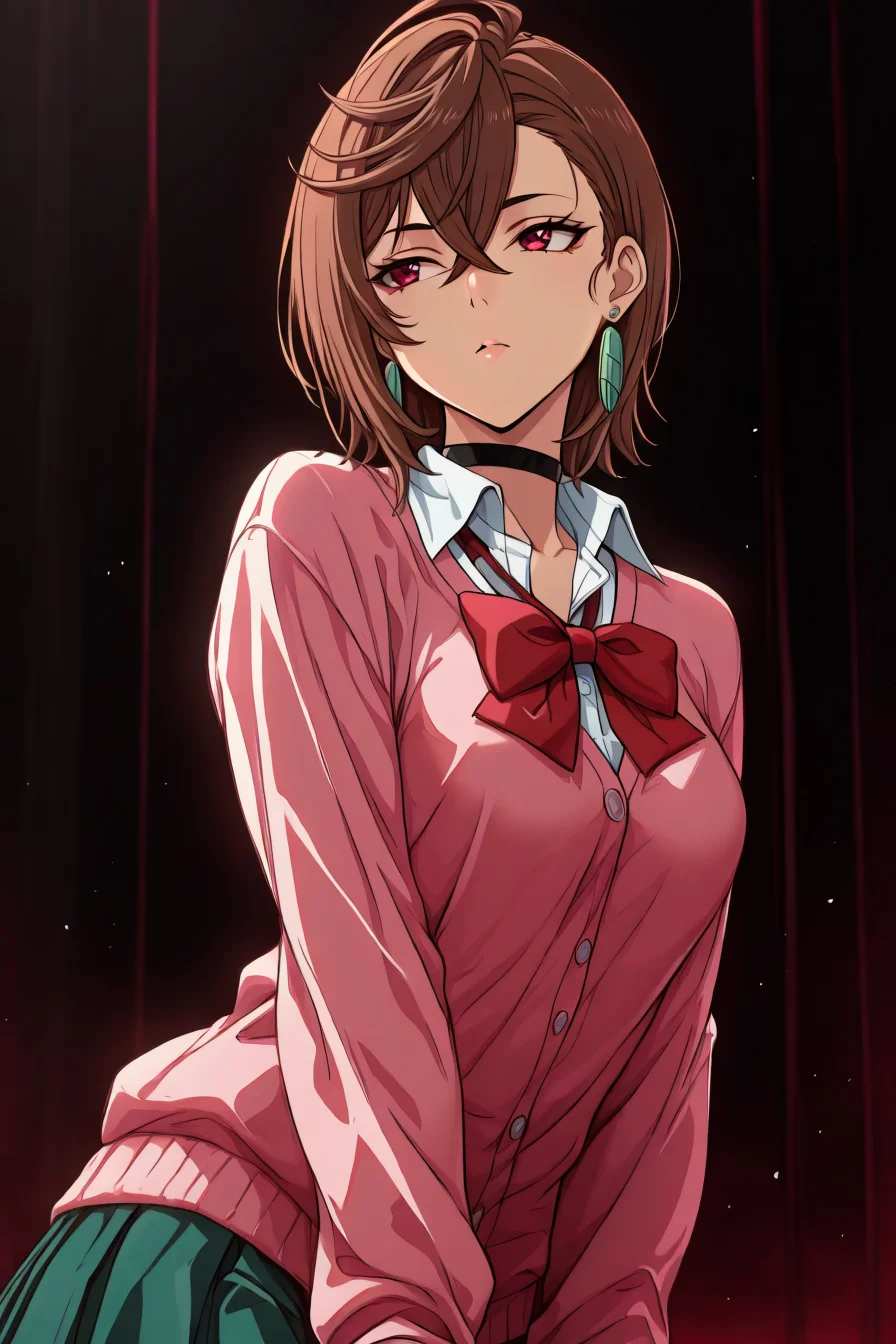 <lora:ayase_momo-koto-Illustrious v01:0.4> ayasemomo, hair between eyes, crossed bangs, green earrings, brown hair, red eyes, black choker, short hair, white shirt, red bowtie,pleated skirt,school uniform, pink cardigan, long sleeves, 1girl, solo, alone, <lora:dark_art_style_illustriousXL:1>, dark_art_style, masterpiece, highres