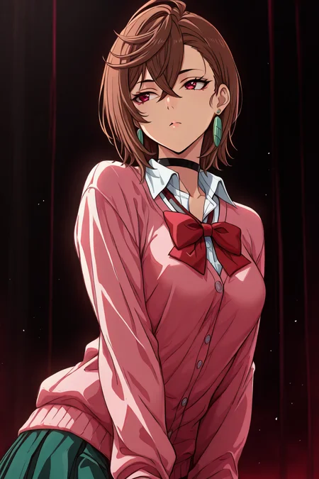 <lora:ayase_momo-koto-Illustrious v01:0.4> ayasemomo, hair between eyes, crossed bangs, green earrings, brown hair, red eyes, black choker, short hair, white shirt, red bowtie,pleated skirt,school uniform, pink cardigan, long sleeves, 1girl, solo, alone, <lora:dark_art_style_illustriousXL:1>, dark_art_style, masterpiece, highres