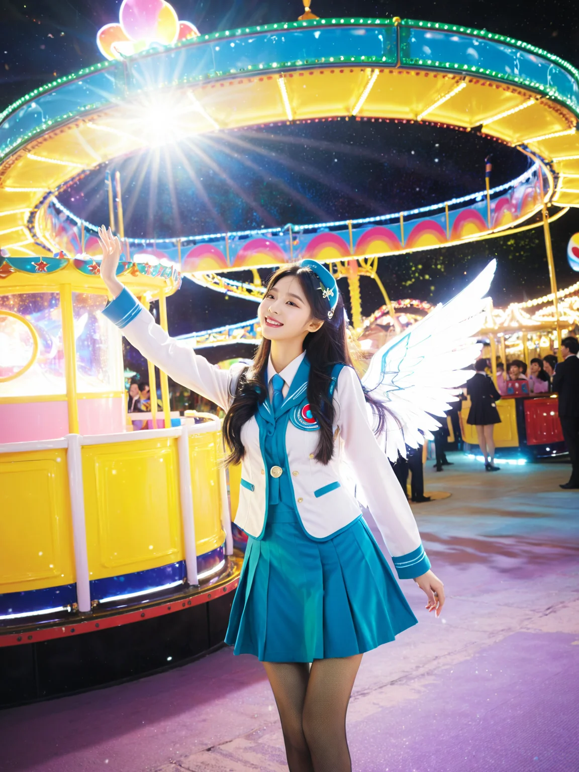 shine colorful,1girl,glowing wings,glowing particles,long hair,waving,korean idol,stewardess uniform,at the amusement park,<lora:Shine_colorful_XL_8R5C5A5B:1>,