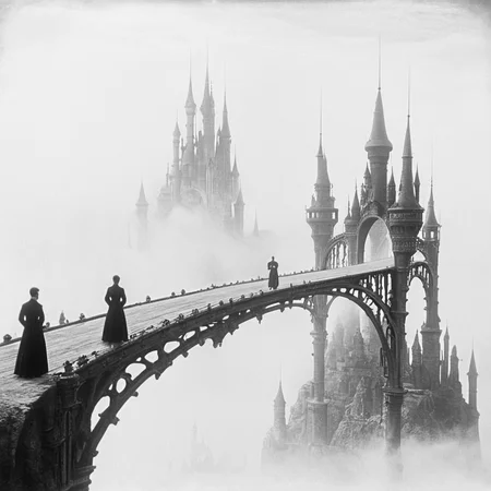 <lora:10s_Retro_Future_MovieSDXL:1> ArsMovieStill, movie still from a 1910s retro future movie, The image shows a black and white photo of a bridge with a few people standing on it and a castle in the background shrouded in fog., greyscale, monochrome, cloud, scenery, castle, sky, outdoors, tower, cloudy sky, standing