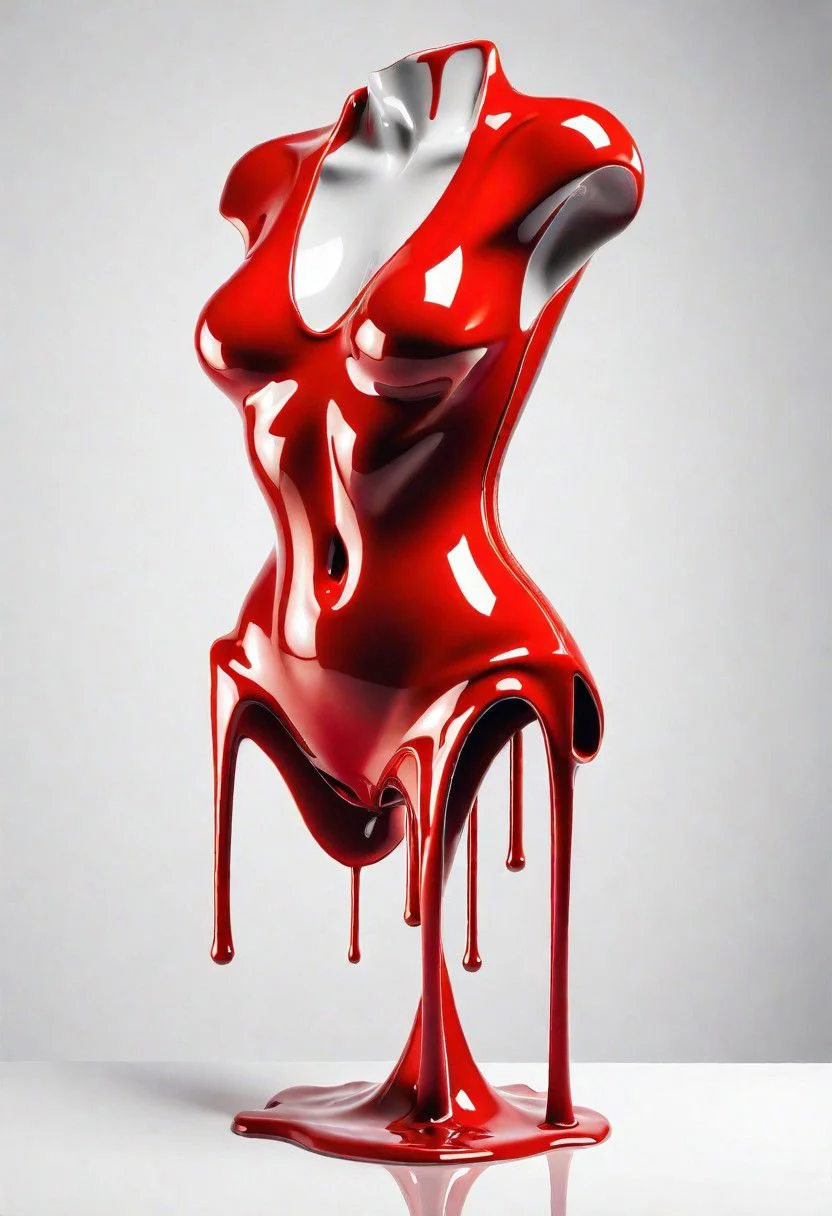 abstract figure resembling a woman torso, no distinguishable features, sculpted from flashy red glossy material, fluid melting appearance, parts dripping stretching towards ground, minimalist plain white background, vibrant flashy red color, stark contrast