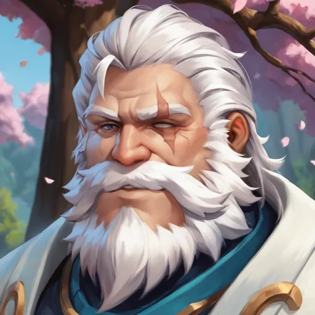 score_9,score_8_up,score_7_up,Reinhardt standing under cherry blossom tree in priest's robe,smiling,close-up,best quality,<lora:pony-reinhardt-000012:0.8>,scar across eye,beard,white hair,