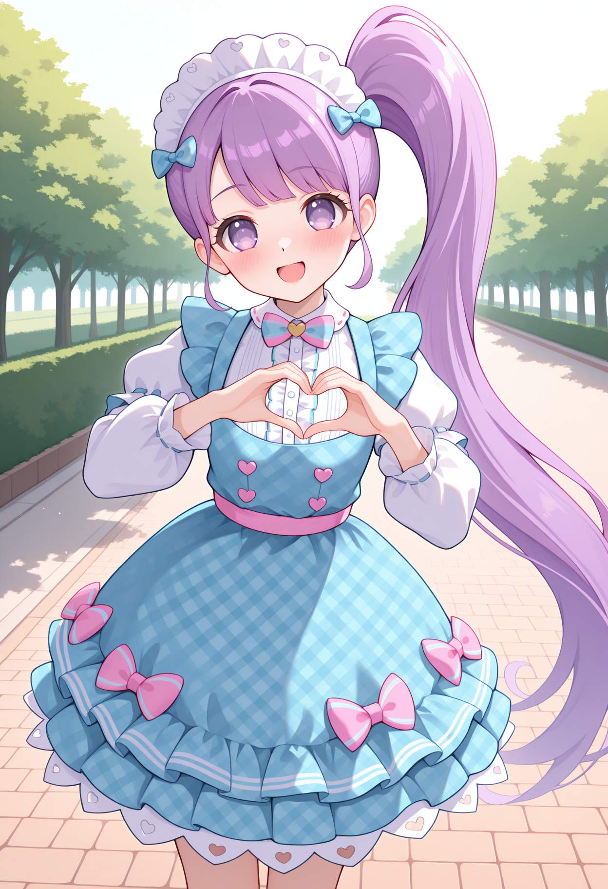 highres, best quality, masterpiece, outdoors,
1girl, solo, pparanon, purple hair, side ponytail, very long hair, purple eyes,
pnongin, blue dress, plaid dress, pinafore dress, center frills, maid headdress, hair bow, blue bow, pink bow, striped bow, pink sash, puffy sleeves, long sleeves, white sleeves, ribbon trim, dress bow, 
looking at viewer, blush, smile,
standing, open mouth, heart hands, 
<lora:_non_manaka-elesico-ilxl-13:1>