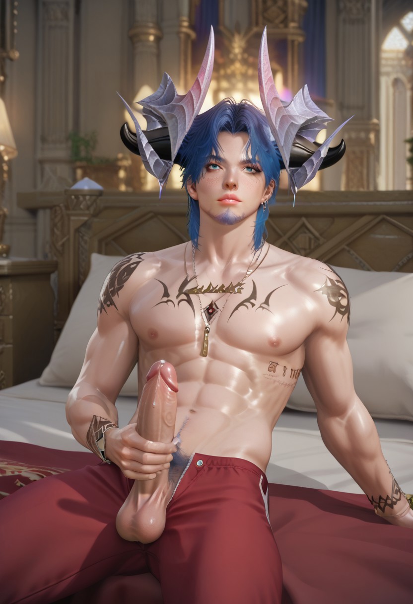 score_9, score_8_up, score_7_up, 1boy, solo, male focus, Feng, man, handsome male, blue hair, loose hair, medium hair, blue eyes, black eyeliner, freckles, piercings, short beard, earrings, toned body, athletic physique, demon horns, young man, dynamic angle, looking at viewer, male model laying on bed, leaning back, pillows, slim muscular, gay, homoerotic, confident, abs, pecs, nipples, v-line, pubic hair, penis exposed, erection, long penis, saggy balls, precum dripping, masturbating, masturbation, indoors, bedroom, palace, elegant atmosphere, high quality, realistic, hd render,