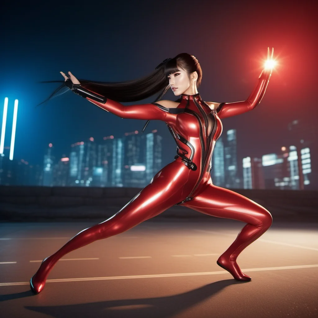 cinematic photo a ((full body)) asian busty woman with cleavage and long ponytail in a red futuristic bodysuit, futuristic outdoor <lora:Eve-StellarBlade1024:0.8> . 35mm photograph, film, bokeh, professional, 4k, highly detailed