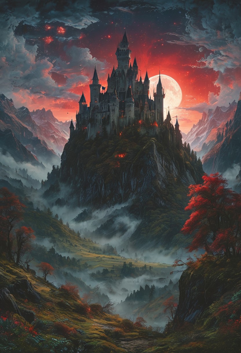 A captivating night scene illustration featuring a forboding and haunted castle on a great  great mountain. The castle and mountain are much like Neuschwanstein Castle in Bavaria.  This enchanting artwork captures a dark and ominous night, where an ominous red bloodmoon hangs above  over the  tree covered mountain range and castle which   stands resolute amidst the great mountains, creating a cinematic experience., illustration, cinematic
<lora:DonM3t3rn1tyXL-v1.1:0.7>, DonM3t3rn1tyXL,
OverallDetailXL  <lora:MJ52:0.3>  <lora:SDXLFaeTastic2400:0.4>  <lora:EpicF4nta5yXL:0.7>