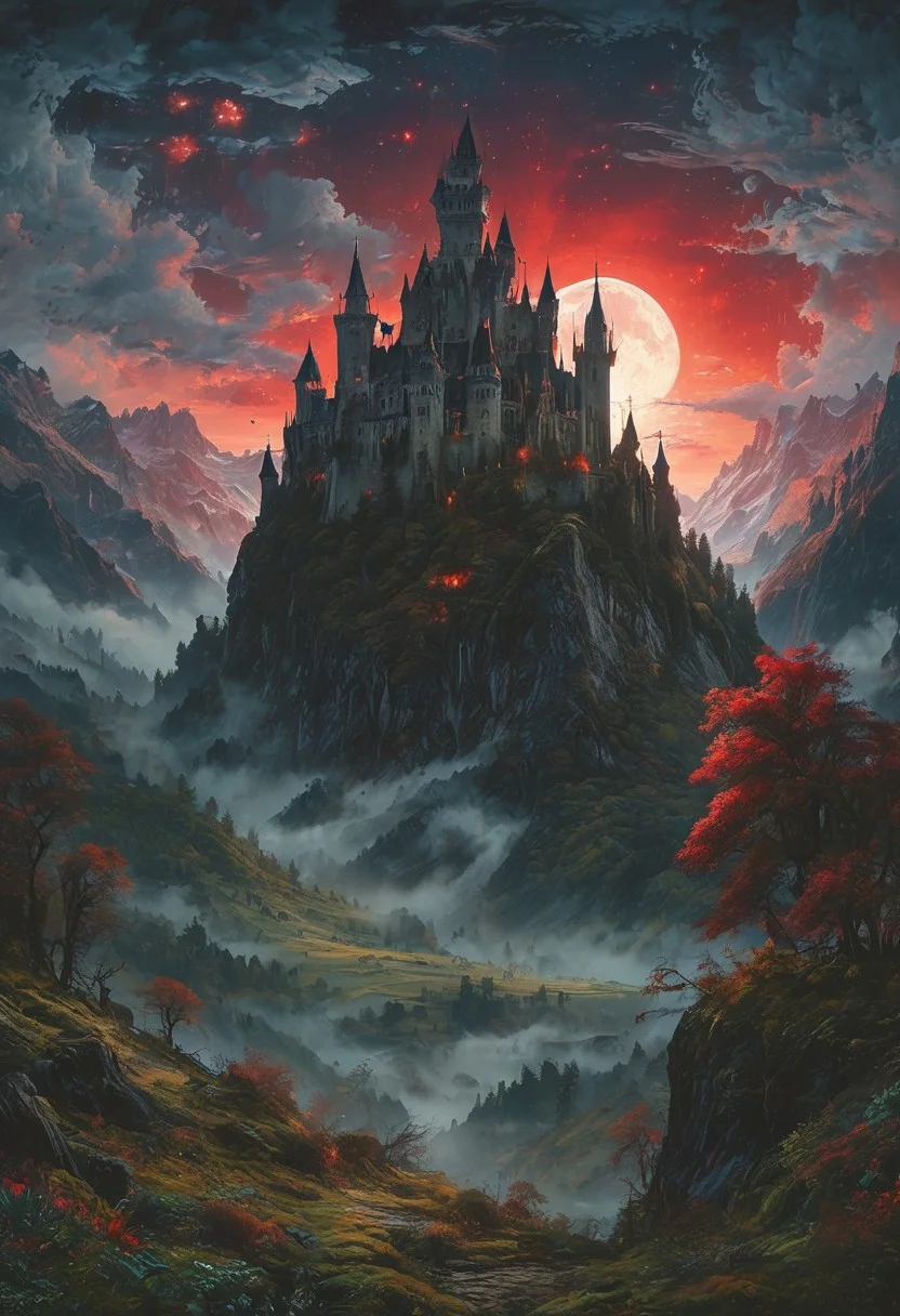 A captivating night scene illustration featuring a forboding and haunted castle on a great great mountain. The castle and mountain are much like Neuschwanstein Castle in Bavaria. This enchanting artwork captures a dark and ominous night, where an ominous red bloodmoon hangs above over the tree covered mountain range and castle which stands resolute amidst the great mountains, creating a cinematic experience., illustration, cinematic
<lora:DonM3t3rn1tyXL-v1.1:0.7>, DonM3t3rn1tyXL,
OverallDetailXL <lora:MJ52:0.3> <lora:SDXLFaeTastic2400:0.4> <lora:EpicF4nta5yXL:0.7>