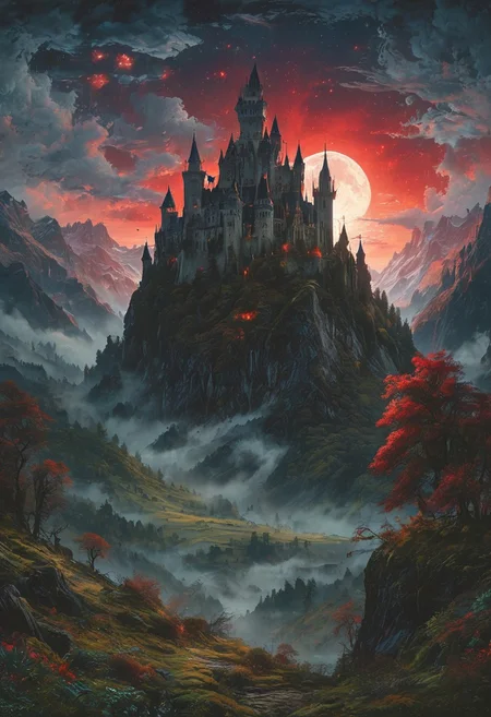 A captivating night scene illustration featuring a forboding and haunted castle on a great  great mountain. The castle and mountain are much like Neuschwanstein Castle in Bavaria.  This enchanting artwork captures a dark and ominous night, where an ominous red bloodmoon hangs above  over the  tree covered mountain range and castle which   stands resolute amidst the great mountains, creating a cinematic experience., illustration, cinematic
<lora:DonM3t3rn1tyXL-v1.1:0.7>, DonM3t3rn1tyXL,
OverallDetailXL  <lora:MJ52:0.3>  <lora:SDXLFaeTastic2400:0.4>  <lora:EpicF4nta5yXL:0.7>