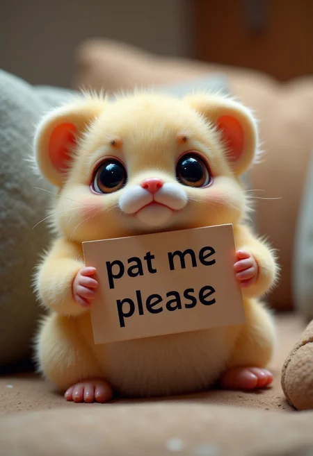 a cute little fluximal sitting on a couch watching to the viewer with sad big eyes holding up a sign with the words:"pat me please" best quality, amazing details,