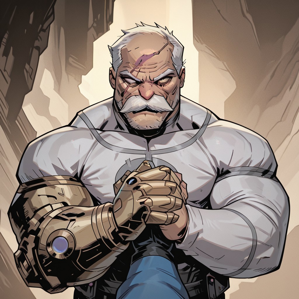 masterpiece, best quality, newest, absurdres, highres, TTCSV1.0
1boy, Conquest-ISV-V1.0 old man, white hair, mustache, facial hair, scar, blind eye, single mechanical arm,