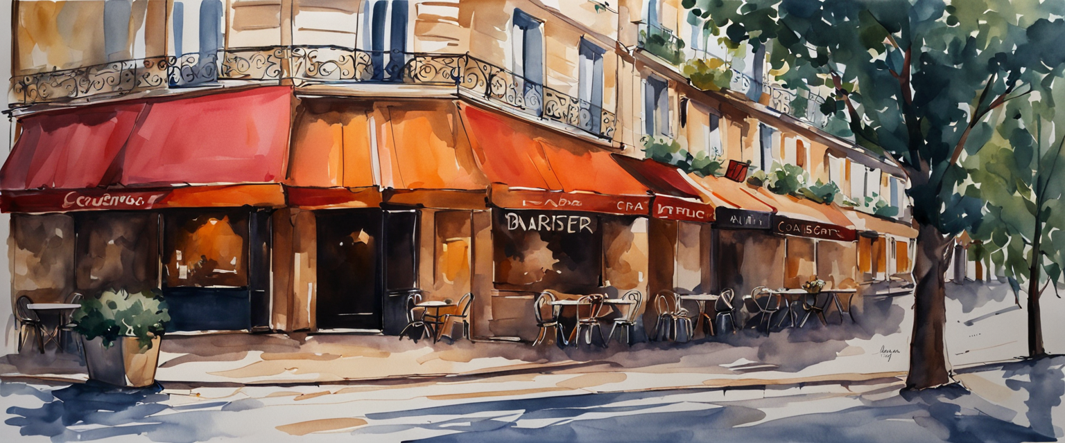 Corner building on a french highstreet, canopies above cafes at the ground level of the building, trees lining the streets, rustic france, golden hour sunset, wide angle view, masterpiece, best quality, amazing watercolor style painting, masterpiece, best quality, high quality