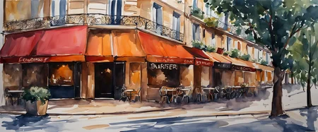 Corner building on a french highstreet, canopies above cafes at the ground level of the building, trees lining the streets, rustic france, golden hour sunset, wide angle view, masterpiece, best quality, amazing watercolor style painting, masterpiece, best quality, high quality