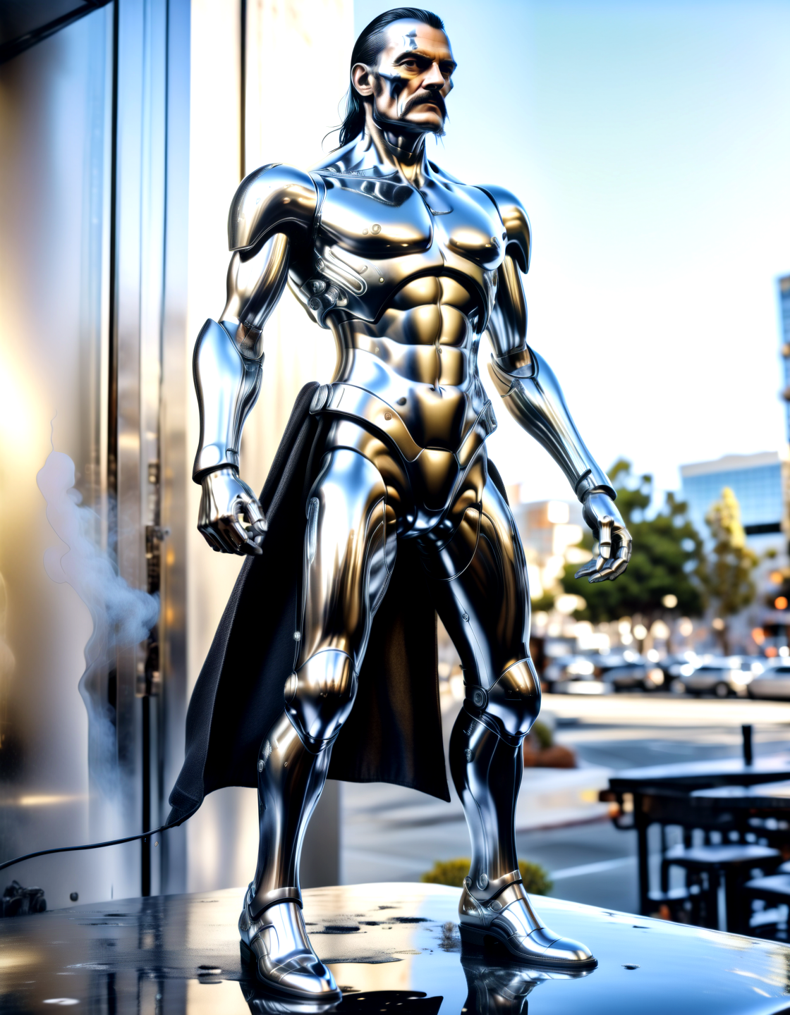 Action Films lemmy as an full metal android with chrome skin,in san francisco, polished metal, cable, raining, explosion, smoke, fire, mechanical arm, electronic leg, hyperrealistic,,, Action Films, often for intense sequences, heroic characters, or adrenaline-fueled excitement.