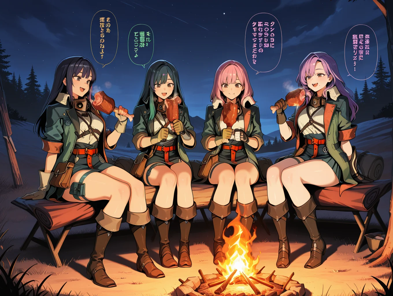 female hope armor,4girls,black hair,pink hair,purple hair,green hair,brown mouth mask,green jacket,white shirt,brown gauntlets,green skirt,thigh strap,brown knee boots,red belt,brown pouch,smile,sitting,campfire,holding boned meat,eating,night sky,campfire,camping,talking,
masterpiece,best quality,amazing quality,very aesthetic,absurdres,newest,<lora:MHWilds hope armor illuXL v1:0.8>,