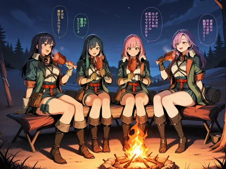 female hope armor,4girls,black hair,pink hair,purple hair,green hair,brown mouth mask,green jacket,white shirt,brown gauntlets,green skirt,thigh strap,brown knee boots,red belt,brown pouch,smile,sitting,campfire,holding boned meat,eating,night sky,campfire,camping,talking,
masterpiece,best quality,amazing quality,very aesthetic,absurdres,newest,<lora:MHWilds hope armor illuXL v1:0.8>,