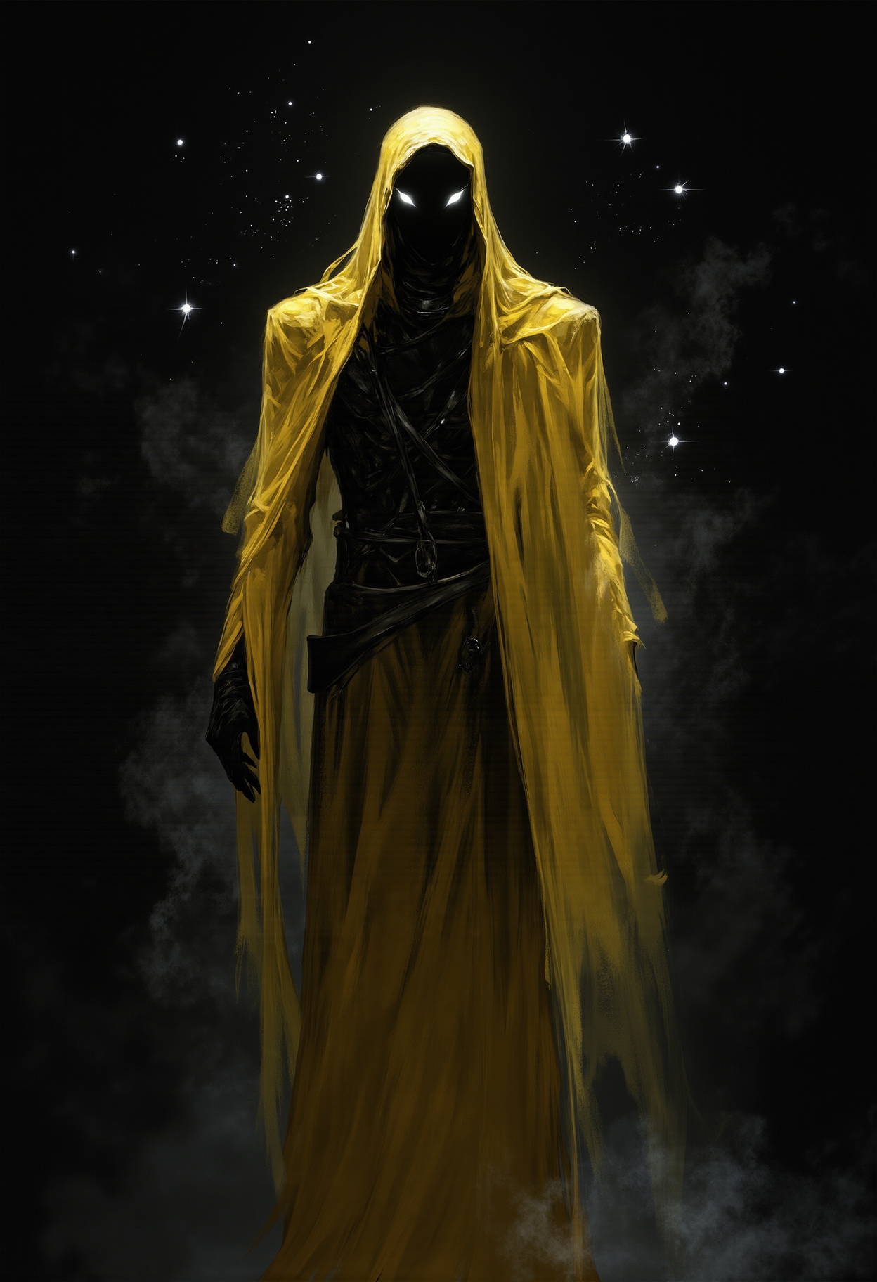 fg Create an artwork of the King in Yellow, a figure from the Cthulhu Mythos, also known as Hastur. Depict a mysterious and eerie atmosphere with a cloaked figure in long, yellow robes, the face obscured by a hood. The background should be dark and shadowy, with small floating lights adding to the otherworldly presence. The overall mood should be ominous and unsettling, capturing the essence of a cosmic horror entity. This dystopian, post-apocalyptic-style painting features a monochromatic scheme, primarily with shades of black, white, and yellow. Concept art, photobashing, digital art, digital painting, matte painting.