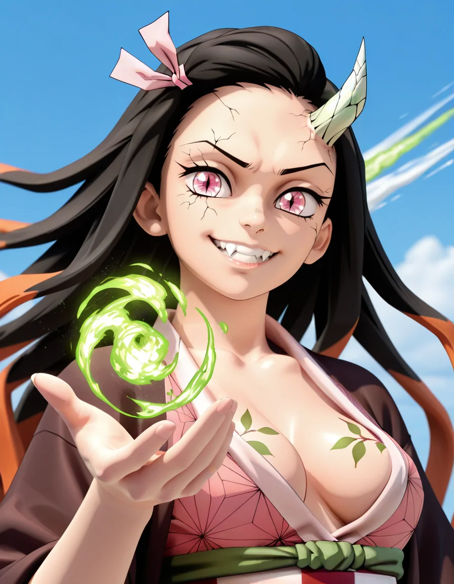 <lora:Overwatch_Cinematic_ILLUS_4_LAST:0.25>, <lora:Detail_Enhancer_3D_Render_Style_Ayanna_AI_ILLUST:0.25>, ayn0_st, <lora:Retro3DstyleP1:0.25>, retro3d, <lora:RenderVerse:0.25>, r3nd3rv3rs3, 3D, 1girl, blurry background, depth of field, hand up, looking at viewer, outstretched hand, solo, upper body, aerokinesis, wind, floating hair, (bright green micro tornado in hand:1.3), sky, smug, happy, professional 3d model (masterpiece, best quality, ultra-detailed, absurdres, newest, detailed textures, correct anatomy:1), complex background, <lora:DemonNezuko1llust:0.7>, kamado nezuko, demon nezuko, single horn, long hair, hair ribbon, pink eyes, cracked skin, black hair, multicolored hair, slit pupils, vine tattoo, sharp teeth, blunt ends