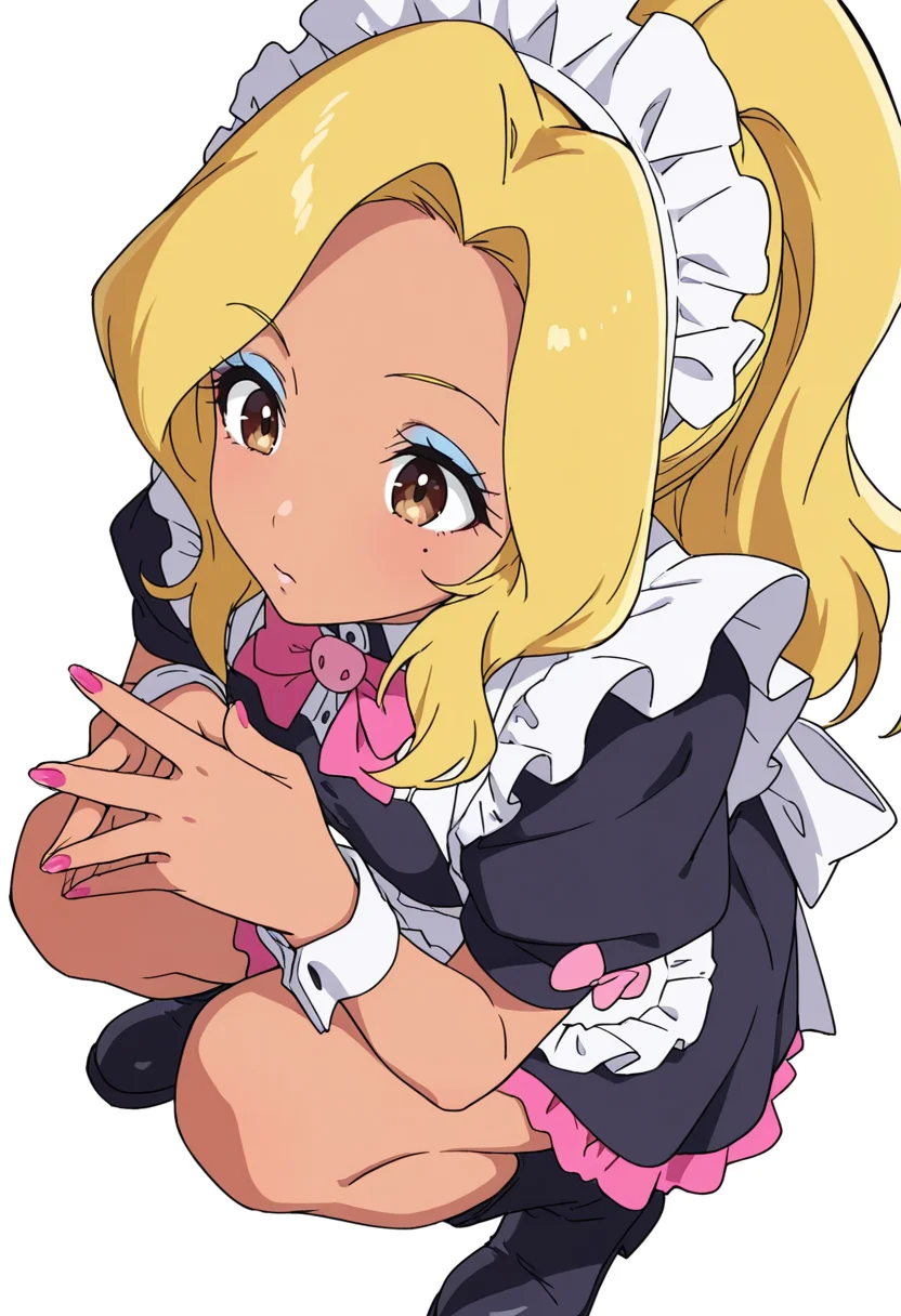 Smooth Quality,masterpiece,very intricate, high quality details, ultra realistic, high detailed skin,detailed enviorement,absurdres,
<lora:Gotou_Shino_Shiipon_CNR:0.8> gotou_cnr, blonde hair,long hair, ponytail, brown eyes, dark-skinned female, mole, nail polish, eyeshadow,gotou_maid_cnr,maid, maid headdress, maid apron,black dress, short dress,puffy short sleeves, boots, frills,pink bowtie,, simple background, white background, sideways,solo,
crouching, hands together, foot forward, intense, ready, ,, =^=,