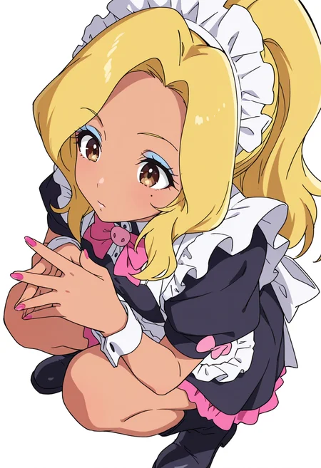 Smooth Quality,masterpiece,very intricate, high quality details, ultra realistic, high detailed skin,detailed enviorement,absurdres,
<lora:Gotou_Shino_Shiipon_CNR:0.8> gotou_cnr, blonde hair,long hair, ponytail, brown eyes, dark-skinned female, mole, nail polish, eyeshadow,gotou_maid_cnr,maid, maid headdress, maid apron,black dress, short dress,puffy short sleeves, boots, frills,pink bowtie,, simple background, white background, sideways,solo,
crouching, hands together, foot forward, intense, ready, ,, =^=,