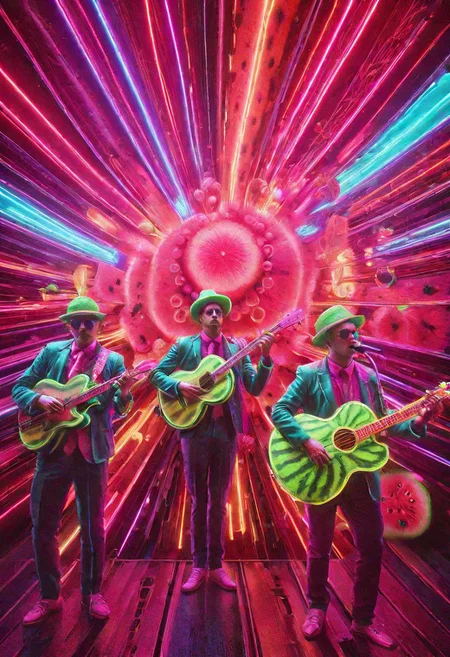 Documentary photograph, magical fantasy watermelon punk electro-pop trio band, performing at the freakomonko, the craziest freakout rundown neon disco, l cinematic light, high detail, beautiful, surreal, dramatic, warm colors<lora:Dreamyvibes artstyle SDXL - trigger with Dreamyvibes artstyle:1> Dreamyvibes Artstyle