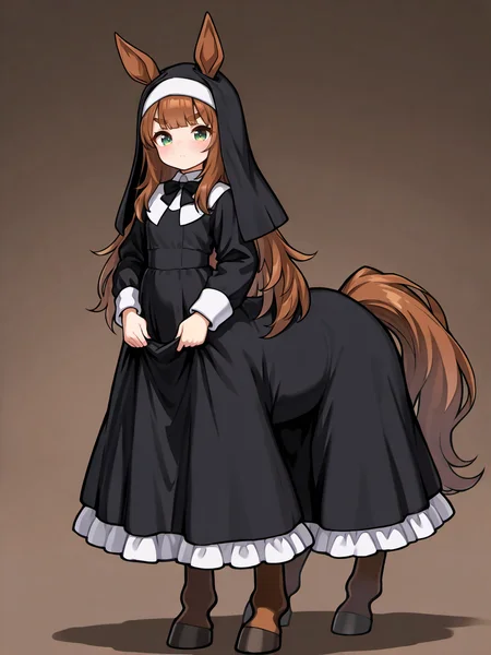 masterpiece, best quality, amazing quality, very aesthetic, high resolution,
epona, centaur, taur, 1girl, solo, animal ears, brown hair, horse ears, long hair, black bow, green eyes, closed mouth, bangs, brown background, bow, looking at viewer, full body, dress, black dress, horse girl, long sleeves, frills, very long hair, veil, habit, black bowtie, nun, thick eyebrows, skirt, black headwear,
<lora:epona_race_v2_illustrious_epoch_7:0.9>,
<lora:NOOB_EPSv1_1_detailer_by_vlnvk_v1_0:1>