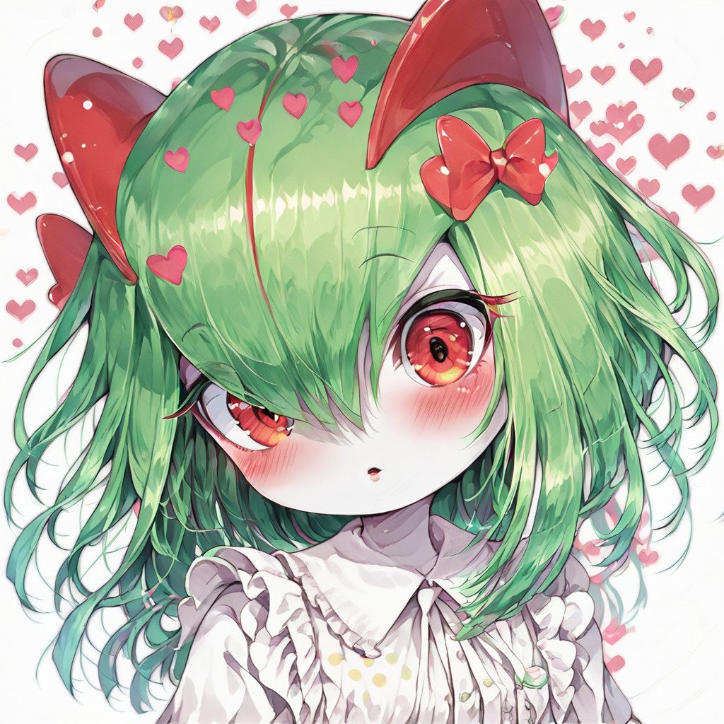 score_9, score_8_up, score_7_up, 1girl, solo, 
kirlia \(pokemon\), shiny kirlia, red eyes, white skin, (green hair:1.2), :o, parted lips, blush, looking at viewer, upper body, hearts, polka dot background,  white blouse, frills, cute dress.