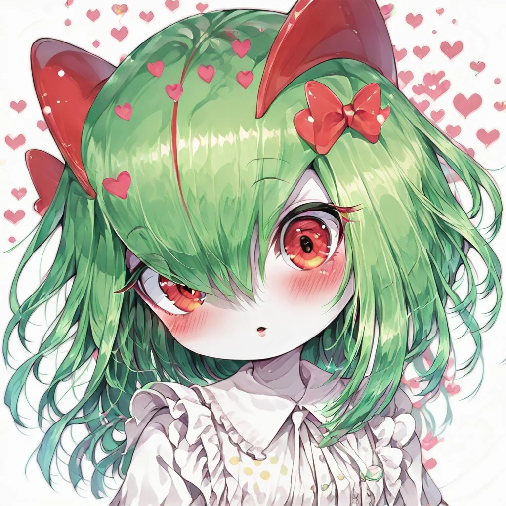score_9, score_8_up, score_7_up, 1girl, solo,
kirlia \(pokemon\), shiny kirlia, red eyes, white skin, (green hair:1.2), :o, parted lips, blush, looking at viewer, upper body, hearts, polka dot background, white blouse, frills, cute dress.