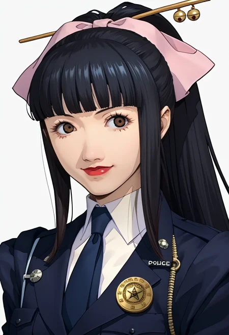 score_9, score_8_up, score_7_up, source_anime, p3reloadportraits, portrait, 1girl, agatha, black hair, long hair, brown eyes,  lipstick, ponytail, hair stick, hair bow, necktie, police uniform, smile, looking at viewer, white background <lora:Persona3ReloadPortraitsXL:1> <lora:Agatha3216PDXL:1>