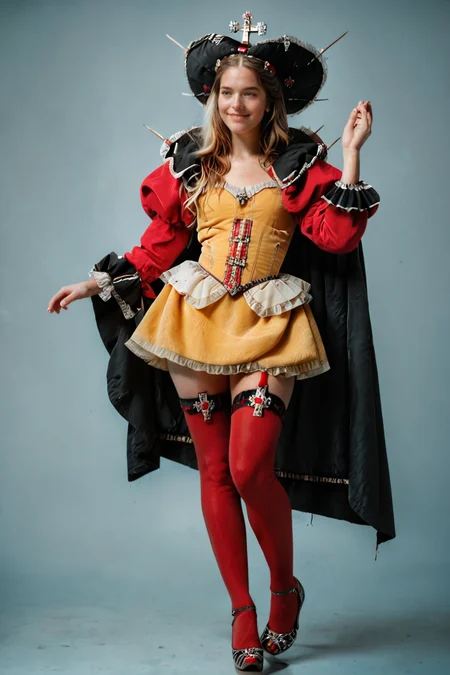 hires digital photo, photorealism, simple background, 3m@nn3u3lle, standing, one leg forward, on hand up, smile, looking to side, looking down at own hand, full body, wearing red and yellow strapless dress, red and black detached puffy sleeves, red thighhighs, crown, cloak, ruff, <lora:EmmanuelleVonLiebwitzV3PonyXL:0.8>, PonyXL_Scores, intricate details, high resolution,, rating_safe