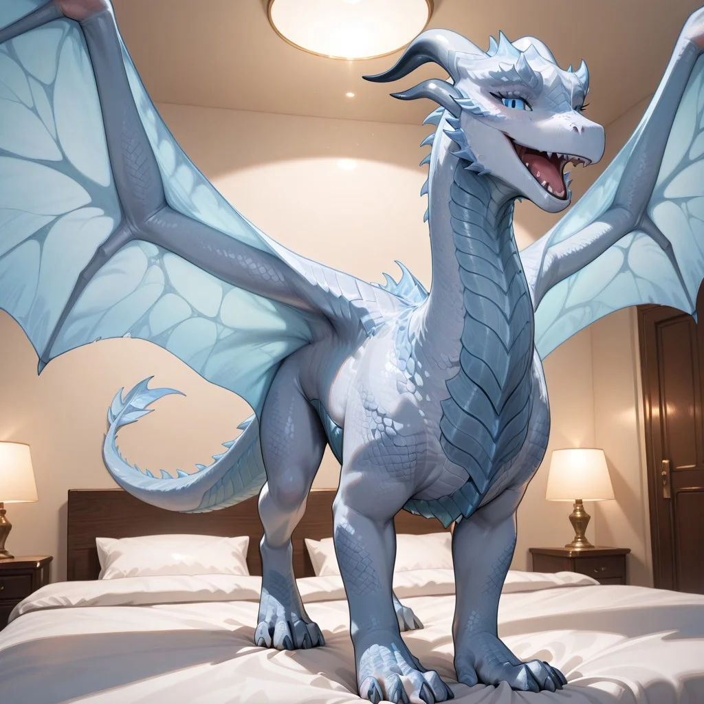 1girl, highres, absurdres, newest, masterpiece, best quality, furry, furry_female, Siveth_dh, dragon, white blue scales, wings, white horns, claws, blue eyes, spread wings, (quadruped, feral:1.4), detailed eyes, (standing:1.2), open_mouth, open mouth smile, luxurious detailed room, bright room, day scene, professional lighting, white bed, solo, bedroom, smiling, seductive, looking_at_viewer, masterpiece, close up, safe