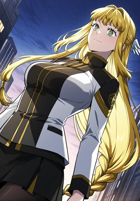 <lora:Dolores_Quovadis__Revenge_of_the_Iron-Blooded_Sword_Hound__Illustrious:1>
Dolores_Quovadis, 1 girl, solo, long hair straight hair, blonde hair, thick braid, long braid, straight fringe, wing hair ornament, green eyes, cross pupils, <lora:DetailedEyes_V3:1>,
Dolores_Quovadis_uniform, academy uniform, black and white uniform, gold trim, high collar, long sleeves, black skirt, black tights, shoulder emblem,
score_9, score_8_up, score_7_up, very aesthetic, source_anime, detailed, high quality, beautiful, masterpiece, detailed eyes, city, cowboy shot, dynamic angle, upper body, light smile, dynamic pose