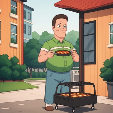 hank hill standing at a barbecue grill, outdoors on a sunny day, ((a giant propane molecule floats in the air)),