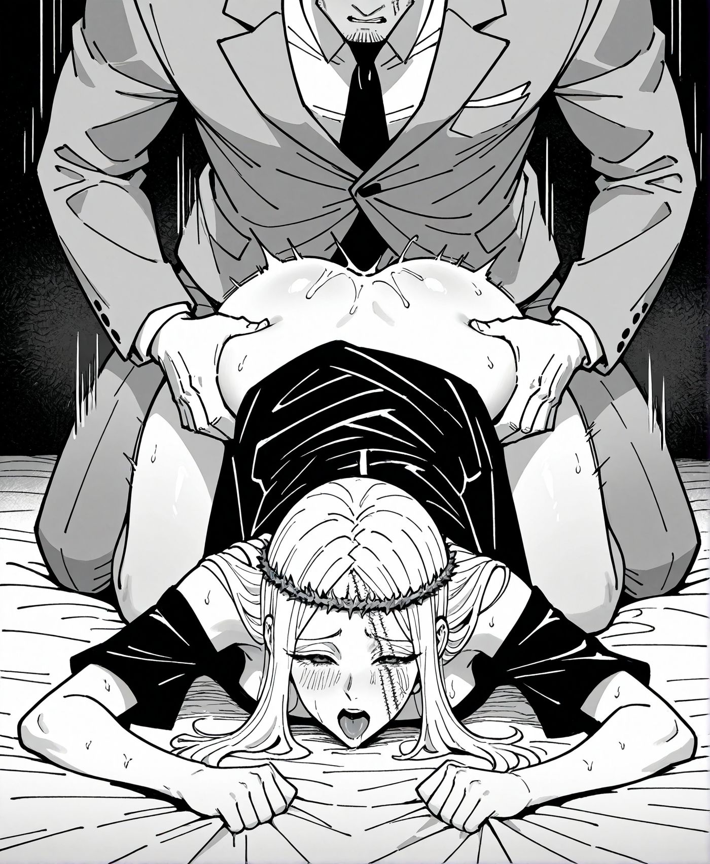masterpiece,best quality,amazing quality,very aesthetic,absurdres,newest, huge filesize,
<lora:spo_sdxl_10ep_4k-data_lora_webui:0.5>,
<lora:add-detail-xl:1> hunter x hunter, official art, 
1girl, 1boy, monochrome,  sex from behind, doggystyle, 
<lora:HUNTERHUNTER___Morena_____borksen:0.8>Morena,
h_Morena, milf, 30YO,
Young woman with long, straight hair,
Crown of thorns circling her head,
Scar running vertically down her face,
Wearing an off-shoulder black dress,
BREAK
 Leorio Paladinight, suit man,1man,  glasses male,