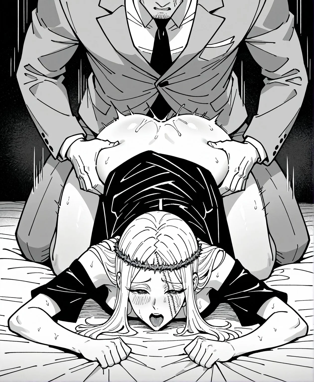 masterpiece,best quality,amazing quality,very aesthetic,absurdres,newest, huge filesize,
<lora:spo_sdxl_10ep_4k-data_lora_webui:0.5>,
<lora:add-detail-xl:1> hunter x hunter, official art,
1girl, 1boy, monochrome, sex from behind, doggystyle,
<lora:HUNTERHUNTER___Morena_____borksen:0.8>Morena,
h_Morena, milf, 30YO,
Young woman with long, straight hair,
Crown of thorns circling her head,
Scar running vertically down her face,
Wearing an off-shoulder black dress,
BREAK
Leorio Paladinight, suit man,1man, glasses male,