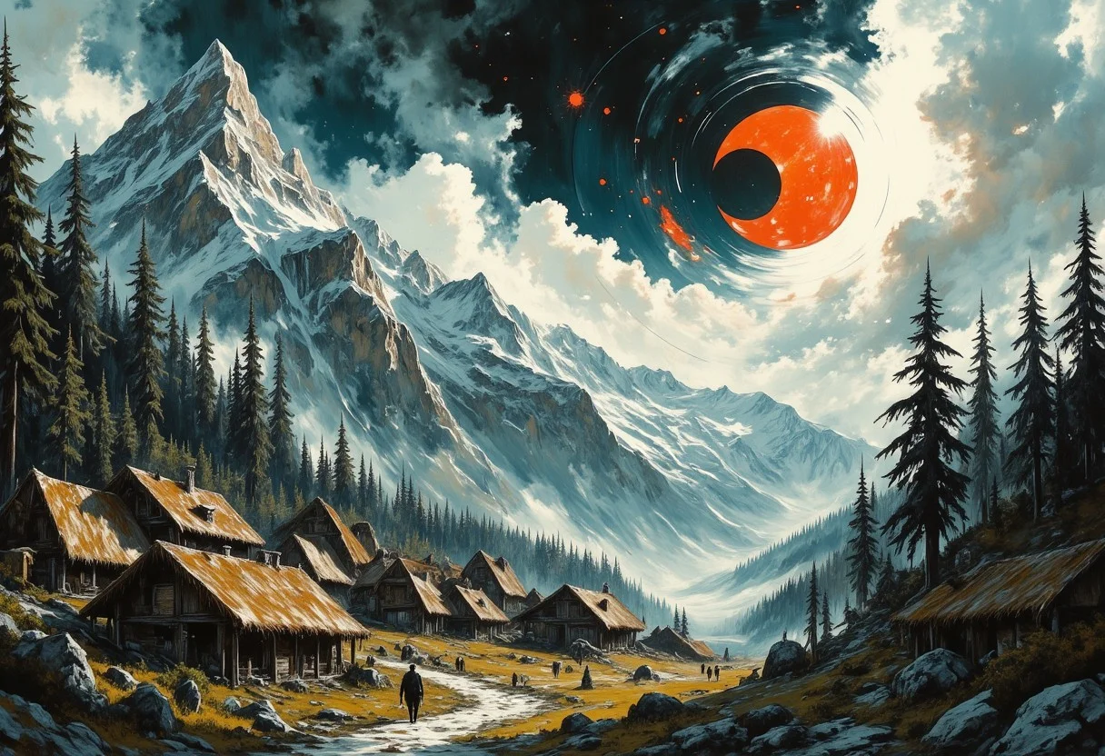 A mountain village, grass roofs, tall trees, figures walking from place to place. Tall mountain peaks frame the horizon. The sun is dark in an eclipse and hangs in the sky. Epic clouds frame the sky and give an ominous feeling to the scene. A red moon. Dramatic lighting on the features of the landscape. G0thicL1nes
