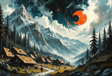 A mountain village, grass roofs, tall trees, figures walking from place to place. Tall mountain peaks frame the horizon. The sun is dark in an eclipse and hangs in the sky. Epic clouds frame the sky and give an ominous feeling to the scene. A red moon. Dramatic lighting on the features of the landscape. G0thicL1nes