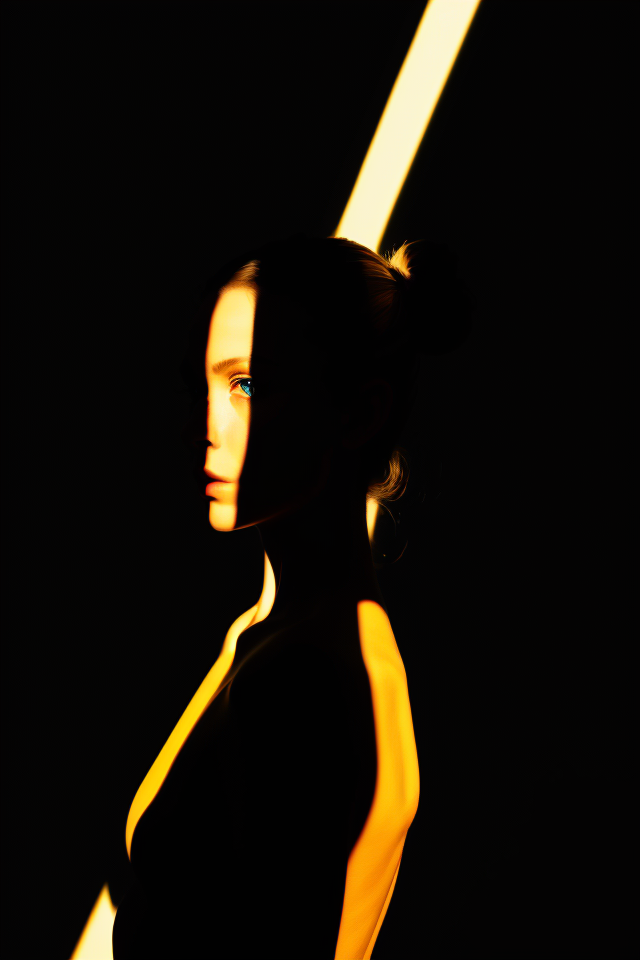 1girl,spotlight,silhouette,looking at viewer,cowboy shot,hair bun,gallus,simple background,yellow background,dark theme,<lora:spotlight:0.6>,