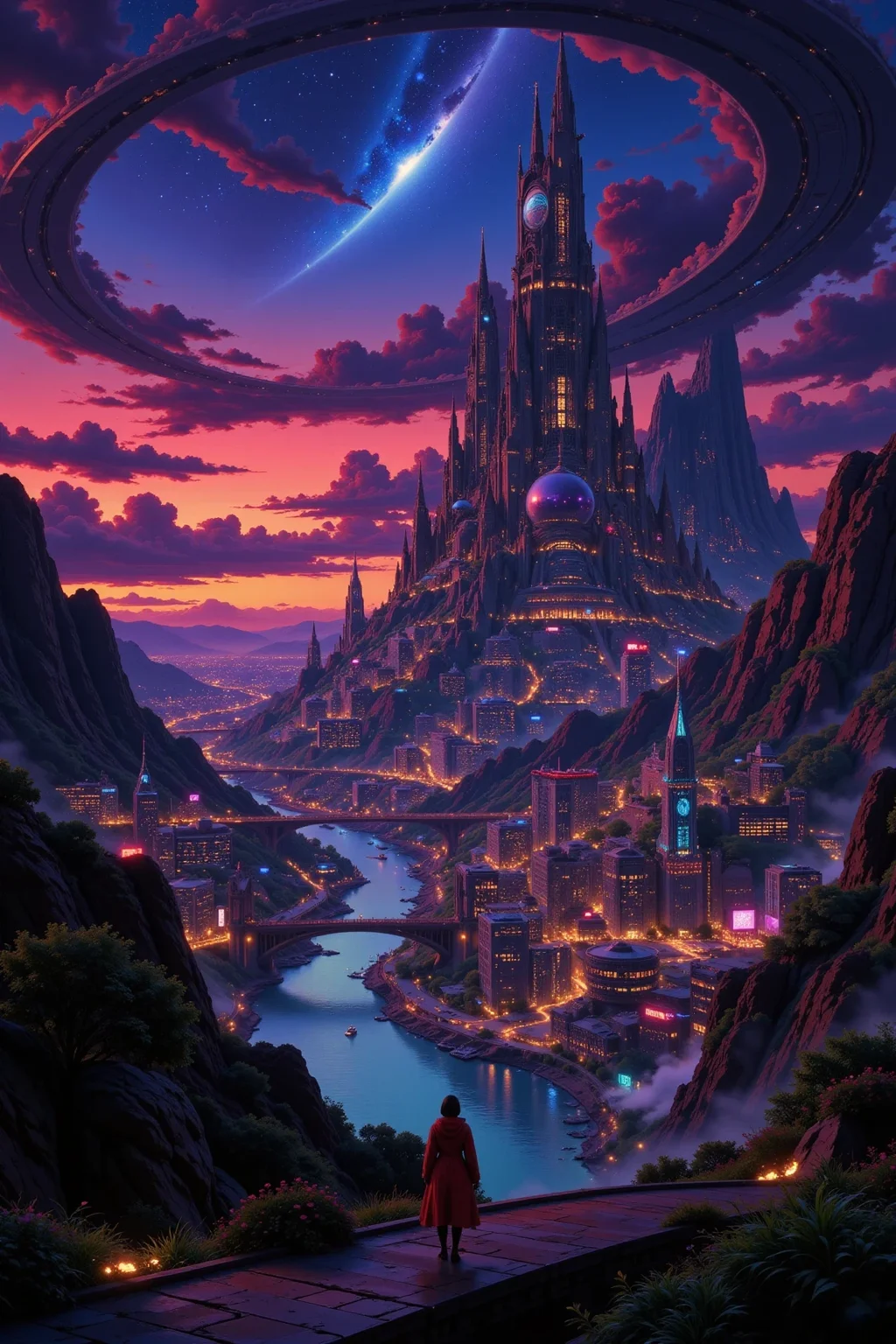 a futuristic sci-fi fantastic cyberpunk city beautiful landscape, dusk, woman, very intricate, very detailed, sharp, bright, colorful, <lora:Hand v2:0.5> <lora:Anti-Blur:1><lora:Insane Detail Slider:0.25> <lora:flux.1_lora_flyway_Epic-detail_v2:0.3> <lora:fluxenhancer:0.25> <lora:Anime_style:0.6> anime style
