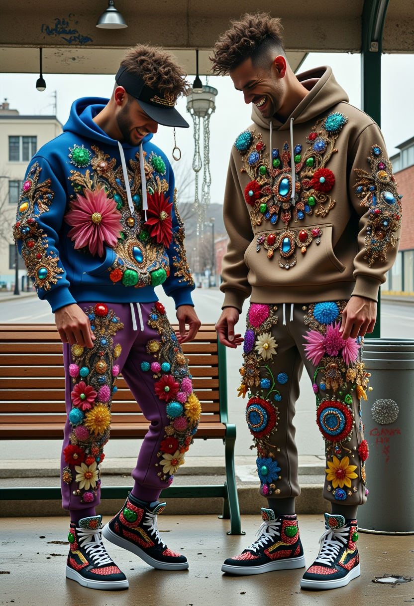 Create a detailed and lively high-resolution photograph of two men in their 20s hanging out at a bus stop in an urban setting. The boys are wearing bl1ngfashion, worn-out jogging suits, sagging baggy sweatpants and oversized sweatshirts reflecting a casual and rugged street style. The man on the right wears bl1ngfashion sweatpants. Both are in a playful and slightly cocky mood, pointing at each other and laughing boisterously, their expressions full of exaggerated amusement. The scene captures a gritty but vibrant vibe, with the bus stop featuring peeling posters, graffiti on the walls, and a dented trash can nearby. Add subtle details like a few scattered soda cans, a torn bench cushion, and faint puddles on the concrete to enhance the realism of the urban backdrop. The lighting should evoke a cloudy afternoon, with muted tones that bring out the humor and camaraderie of the scene.