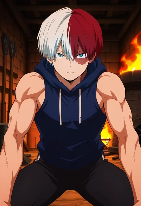 masterpiece, best quality, , anime screencap, anime coloring, official style, looking at viewer, , 1boy, solo, male focus, <lora:shouto_todoroki_ilxl:0.98>, shouto_todoroki, white hair, red hair, grey eyes, blue eyes, heterochromia, short hair, hair between eyes, bangs, multicolored hair, two-tone hair, split-color hair, burn scar, scar on face, ancient forge, stone furnace, tool racks, work area, smithing pose, focused expression, fire light, Jacquard Marigold Athletic leggings, Polyester Sleeveless muscle hoodie, Moccasins, ,