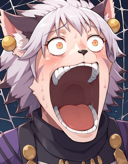 score_9, score_8_up, score_7_up
BREAK
<lora:ElhPDXL:1> <lora:xl_exaggerated surprised expression(pony):1> elh, 1girl, solo, furry female, cat girl, enel face, open mouth, sweat, teeth, wide-eyed, constricted pupils, orange pupils, body fur, elhattire, fur-trimmed sleeves, cat ears, white hair, short hair, shiny hair, earrings, facial mark, animal nose, striped tail, striped sleeves, spider web