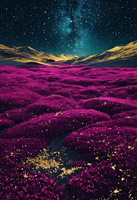 landscape of a (Celestial Plains of the Starry Fields:1.3) , Stone, hillside, Anime screencap, Islandpunk, side lit, Depth of field 100mm, Magenta background, intricate, <lora:novuschroma27 style_b:1> novuschroma27 style, gold foil, cool colors, inspired, detailed, romantic, dynamic dramatic beautiful full taking, grand illumination, fine artistic composition