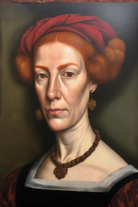 <lora:Sofonisba Anguissola Style:1>Sofonisba Anguissola Style - renaissance style oil painting of a spanish mature redhead woman