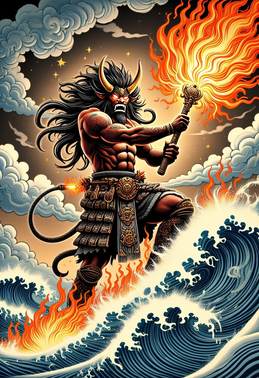 UkiyoFusion. A fierce Oni warrior, standing atop raging ocean waves, wielding a massive flaming staff. His muscular body is covered in intricate armor and swirling tattoos, while his flowing mane of hair seems to burn like fire. The stormy sky above is filled with swirling smoke and energy, as crashing waves surround him. The scene is dynamic, filled with motion, and exudes raw mythical power.